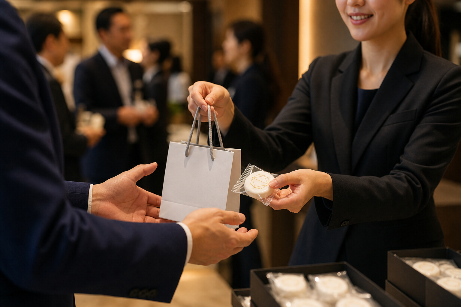 展示会ブースでスタッフが来場者にロゴ入りの飴を手渡している様子
